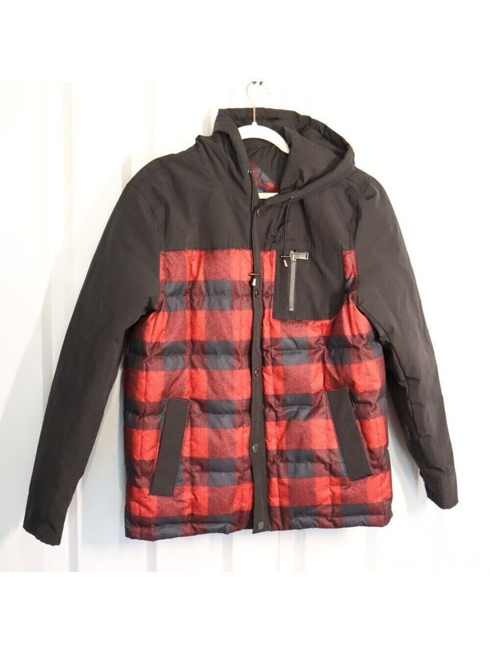 Pendleton Mens Red & Blk Buffalo Plaid Hooded 650 Down Water Resistant Coat Med